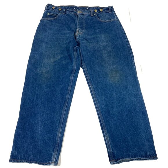 Vintage Prison Blues Carpenter Work Jeans Mens 40x30 Denim USA Suspender Buttons - Picture 1 of 11
